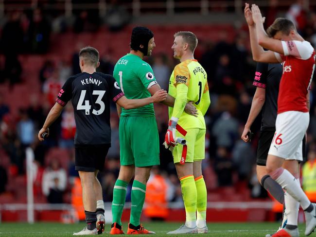 Petr Cech with Everton's England goalkeeper Jordan Pickford. Picture: AFP