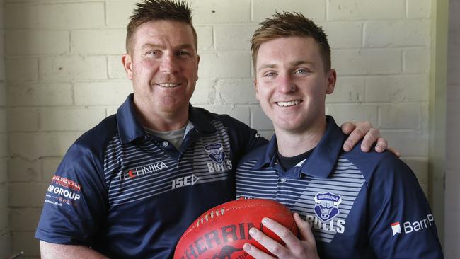 Retiring Bundoora great Gary Moorcroft with his son, Beau. Picture: Valeriu Campan