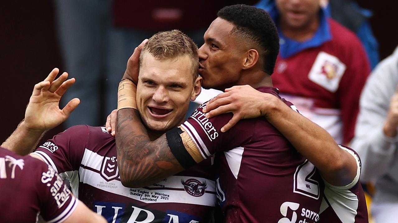 SYDNEY, AUSTRALIA - MAY 09: Jason Saab of the Sea Eagles celebrates with Tom Trbojevic of the Sea Eagles after scoring a try during the round nine NRL match between the Manly Sea Eagles and the New Zealand Warriors at Lottoland, on May 09, 2021, in Sydney, Australia. (Photo by Cameron Spencer/Getty Images)