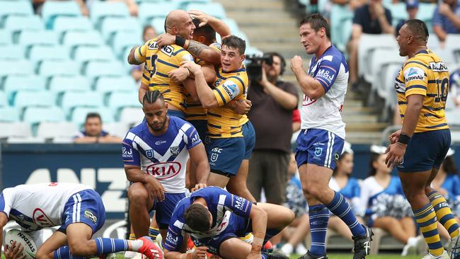 The Bulldogs were belted from pillar to post by Parramatta. AAP Image/Brendon Thorne.