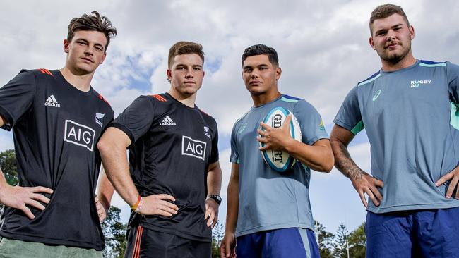 Australian Under-20s playmaker Noah Lolesio (second-from-right) and Egan Siggs (right) square off with New Zealand Under-20s counterparts Leroy Carter and Kohan Herbert. Picture: Jerad Williams