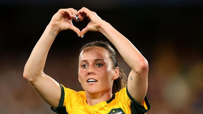 MELBOURNE, AUSTRALIA - FEBRUARY 28: Hayley Raso of Australia celebrates scoring a goal during the AFC Women's Olympic Football Tournament Paris 2024 Asian Qualifier Round 3 match between Australia Matildas and Uzbekistan at Marvel Stadium on February 28, 2024 in Melbourne, Australia. (Photo by Kelly Defina/Getty Images)