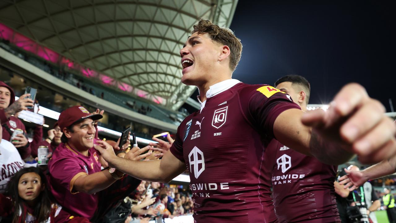 Reece Walsh laps it up after the Game I win. Picture: Mark Kolbe/Getty