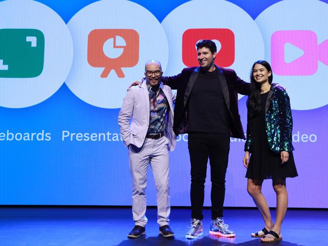 14/9/22: Canva co-founders Melanie Perkins, Cliff Obrecht and Cameron Adams speaking on-stage at Canva's Create event, announcing the next generation of their company. John Feder/The Australian.