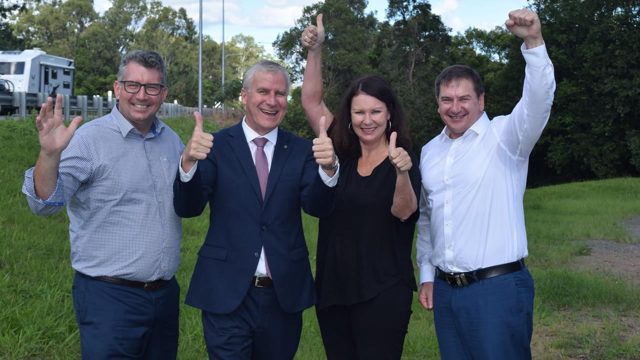 MP Keith Pitt, former Deputy PM Michael McCormack, Wide Bay Burnett News Corp editor Shelley Strachan and MP Llew O'Brien celebrate at the announcement of the Bypass funding in 2018.