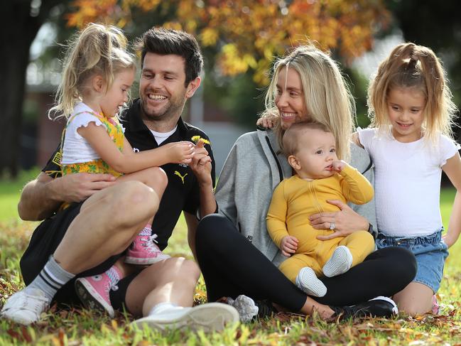 Richmond captain Trent Cotchin, with his wife Brooke and their three children Harper, Mackenzie and Parker ahead of Mother's Day. Picture: Alex Coppel.