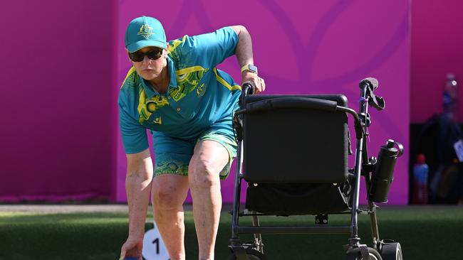 LEAMINGTON SPA, ENGLAND - AUGUST 03: Cheryl Lindfield of Team Australia competes during Para Women's Pairs B6-B8 - Gold Medal Match between Scotland and Australia on day six of the Birmingham 2022 Commonwealth Games at Victoria Park on August 03, 2022 in Leamington Spa, England. (Photo by Nathan Stirk/Getty Images)