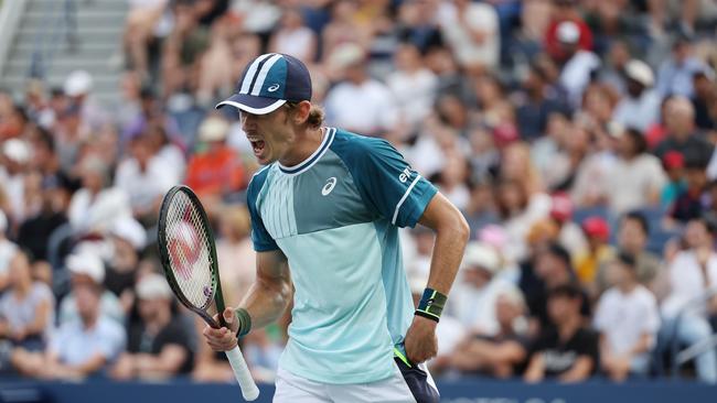 Alex de Minaur celebrates during his straight sets win over Nicolas Jarry. Picture: Getty