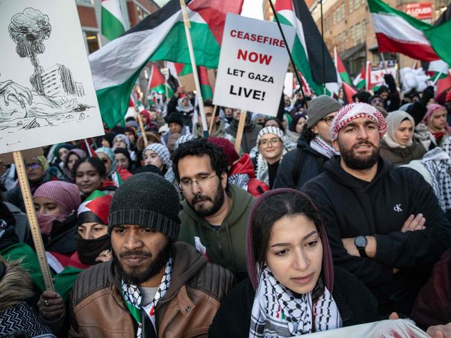 Demonstrators in support of Palestinians hold a rally to call for a ceasefire at Dorchester Square in Montreal, Quebec, Canada. Picture: AFP