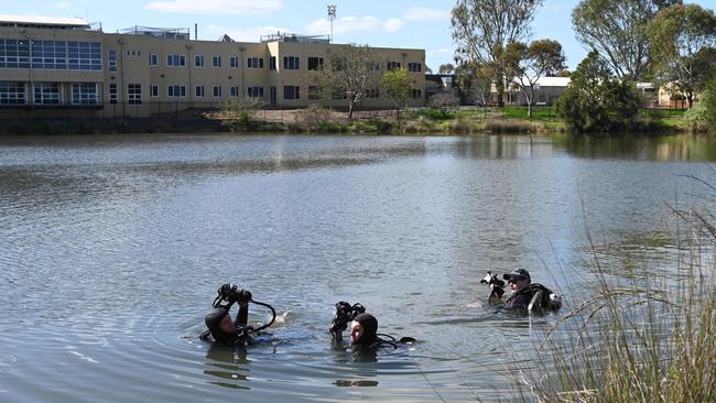 SA police divers search Stebonheath Park in Andrews Farm for Geoffrey McLean’s remains. Picture: Naomi Jellicoe