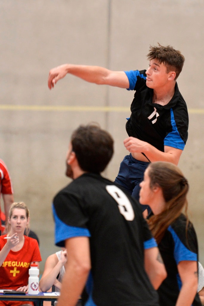 Ethan Farquarson of Remember the Titans against Brisbane Volleyball Club in the final of the Clash of the Titans volleyball tournament at Harristown State High School gym, Sunday, February 25, 2018. Picture: Kevin Farmer