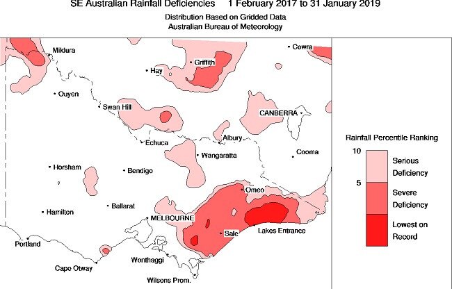 BOM drought map showing two-year rainfall deficiencies for southeast Australia. Picture: Supplied