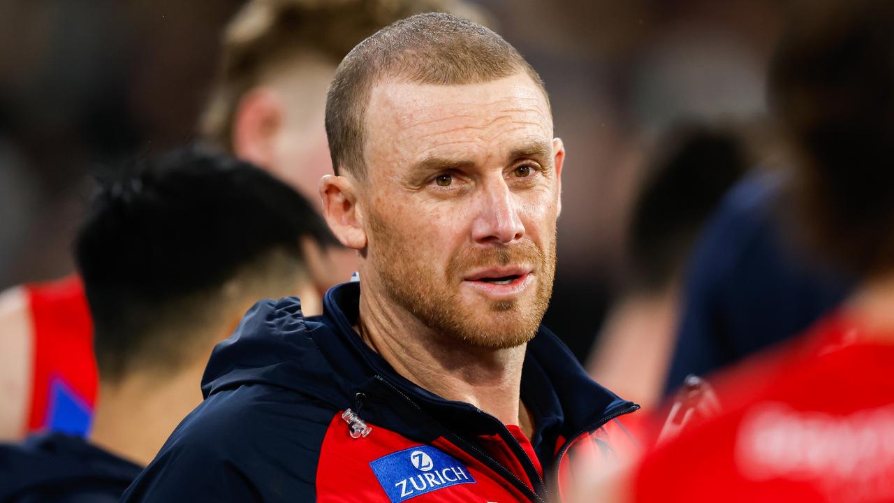 MELBOURNE, AUSTRALIA - AUGUST 12: Simon Goodwin, Senior Coach of the Demons looks on during the 2023 AFL Round 22 match between the Carlton Blues and the Melbourne Demons at Melbourne Cricket Ground on August 12, 2023 in Melbourne, Australia. (Photo by Dylan Burns/AFL Photos via Getty Images)