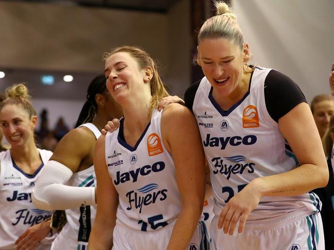 Sara Blicavs shares a laugh with Lauren Jackson. Picture: Kelly Defina/Getty Images