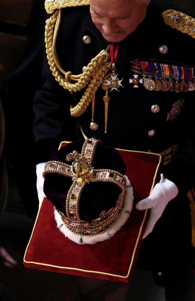 The St Edward's Crown is carried into Westminster Abbey. Picture: AFP