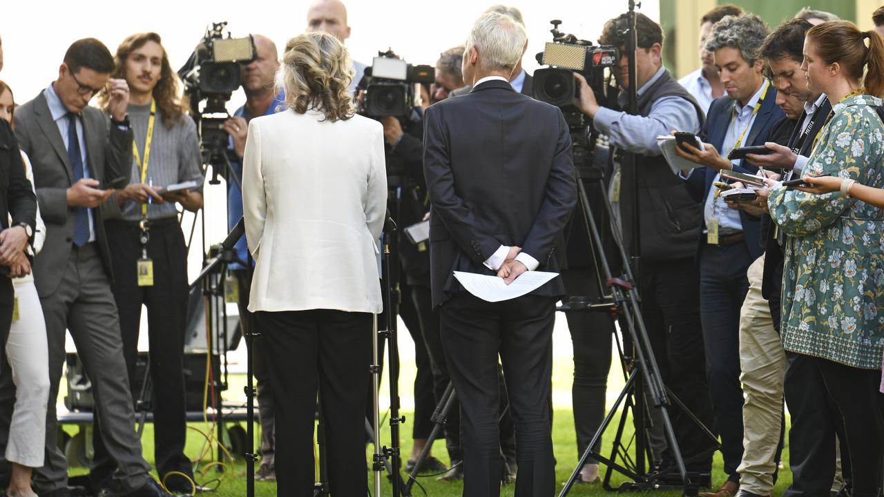 The Home Affairs Minister Clare O'Neil and Immigration Minister Andrew Giles held a terse 11-minute press conference after the coalition announcement. Picture: NCA NewsWire / Martin Ollman