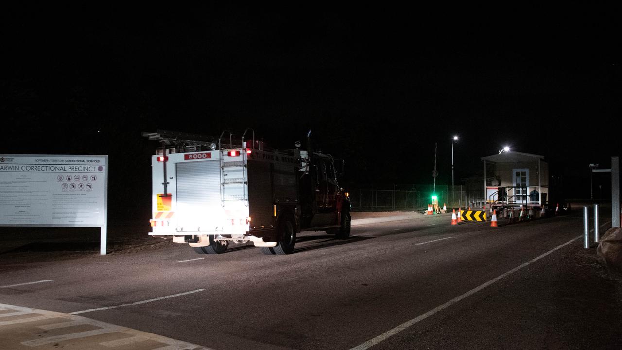 Emergency service vehicles arrive at Darwin Correctional Precinct after a prisoners rioted at the Darwin jail after mass breakout. Picture: Che Chorley