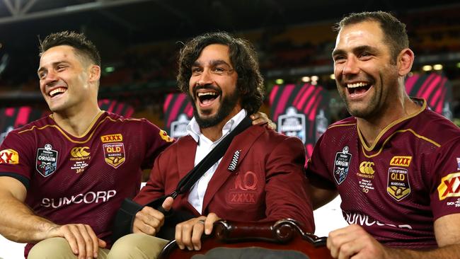 Maroons Cooper Cronk, Johnathan Thurston and Cameron Smith. Picture: Getty Images