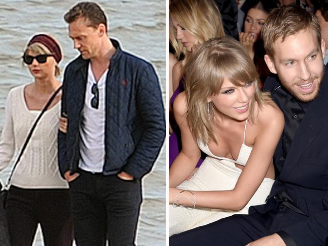 Taylor Swift and new beau Tom Hiddleston and, right, with ex boyfriend Calvin Harris.  Picture:  Splash