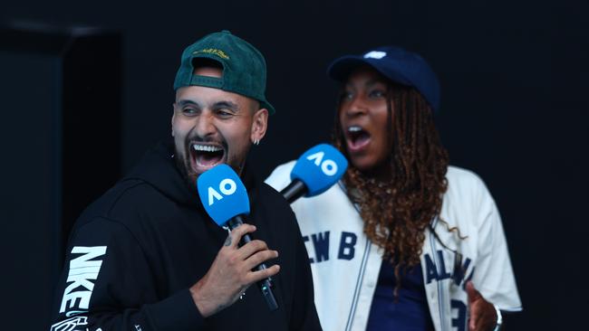 Nick Kyrgios of Australia (L) interviews Coco Gauff of the United States ahead of the 2024 Australian Open at Melbourne Park on January 12, 2024 in Melbourne, Australia. (Photo by Graham Denholm/Getty Images)