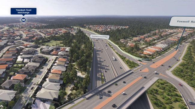 Future northern stages of the Coomera Connector. This graphic shows the Foxwell Road intersection and then north to Yawalpah Road.