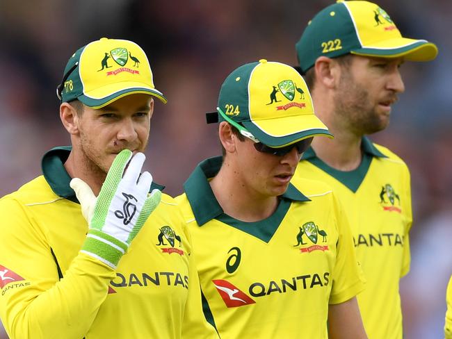 NOTTINGHAM, ENGLAND - JUNE 19:  Australia captain Tim Paine leaves the field at the end of the England innings during the 3rd Royal London ODI match between England and Australia at Trent Bridge on June 19, 2018 in Nottingham, England.  (Photo by Gareth Copley/Getty Images)