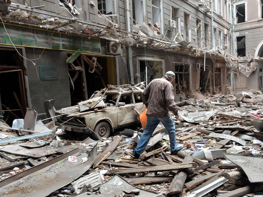 A damaged building after shelling by Russian forces in Kharkiv on March 3, 2022. Picture: Sergey Bobok/AFP