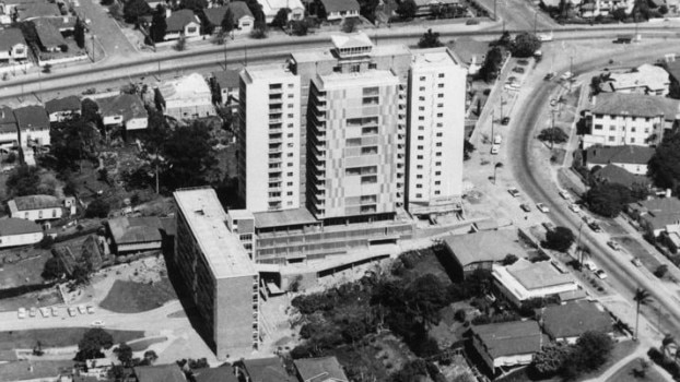 An aerial view of Torbreck, the first major high- rise apartment building in Queensland, Brisbane, 1960. Picture: John Oxley Library, State Library of Queensland