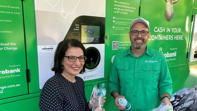 Jordan MP Charis Mullen with Adam Nicholson from the Containers for Change scheme at the launch of the new Super Kiosk at Orion Springfield.