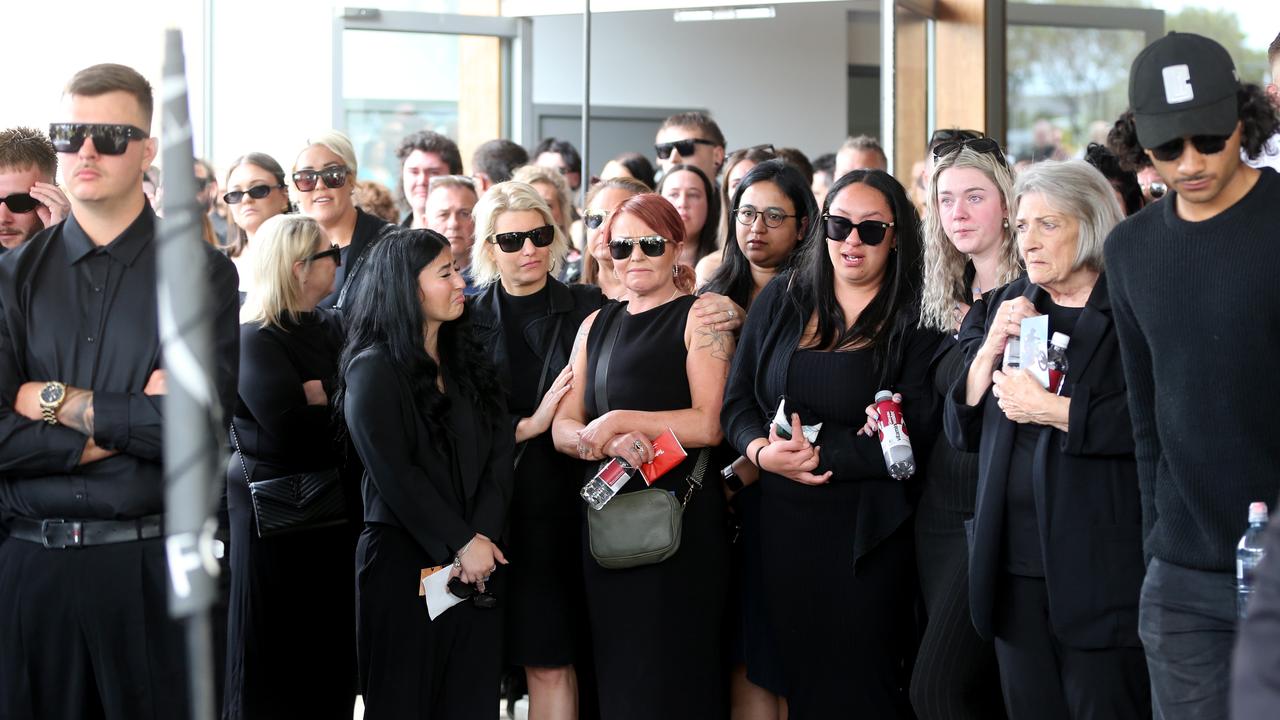 Jayme Sykes’ mother Sally Veal is comforted after the service. Picture: Mike Dugdale.