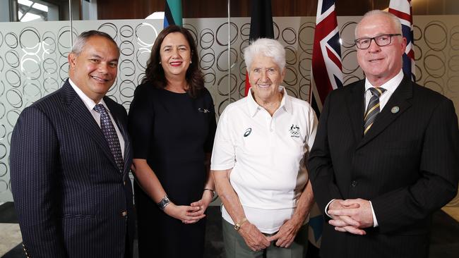 Gold Coast Mayor Tom Tate, Premier Annastacia Palaszczuk, Olympic swimmer Dawn Fraser and Sunshine Coast Mayor Mark Jamieson at an Olympics meeting. Picture: AAP/Josh Woning