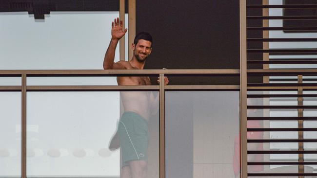 World No.1 tennis player Novak Djokovic at his quarantine hotel. Picture: Brenton Edwards