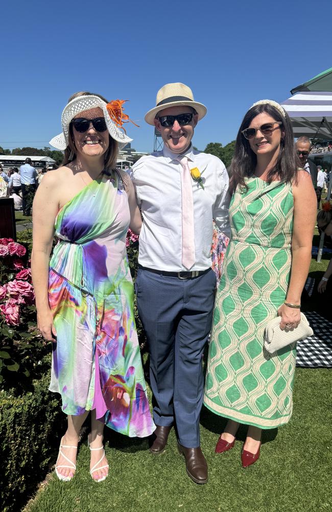 Amanda Ryan, Troy Ryan and Anna Horgan at the Melbourne Cup at Flemington Racecourse on November 5, 2024. Picture: Phillippa Butt