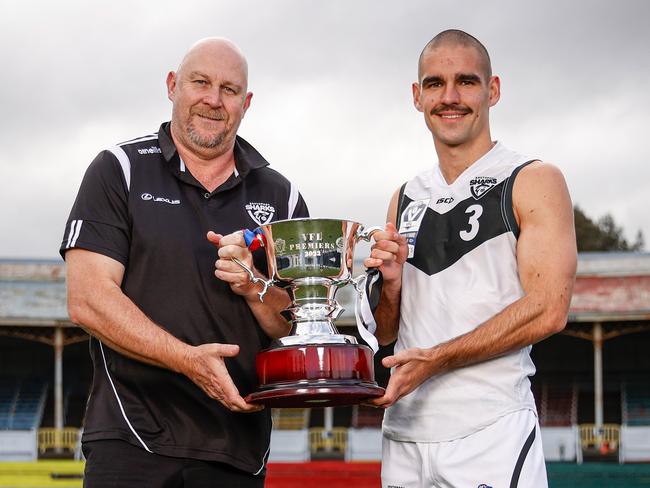 Steve Daniel &amp; Jacob Dawson before the 2022 VFL grand final. It would’ve been both Southport’s and Daniel’s first VFL premiership, but the Sharks would lose to the Melbourne-aligned Casey Demons by 32 points. Picture: Michael Willson/AFL Photos via Getty Images