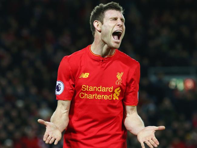 LIVERPOOL, ENGLAND - DECEMBER 11: James Milner of Liverpool reacts after missing a chance during the Premier League match between Liverpool and West Ham United at Anfield on December 11, 2016 in Liverpool, England. (Photo by Jan Kruger/Getty Images)