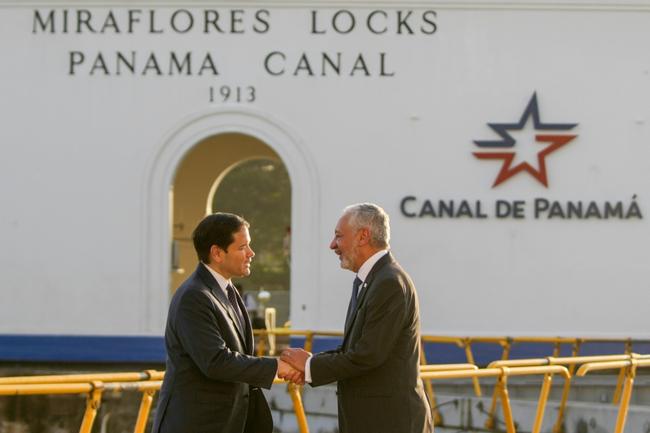 On his first trip overseas as the top US diplomat, Secretary of State Marco Rubio (L) took a guided tour of the Panama Canal accompanied by its Panamanian administrator Ricaurte Vasquez