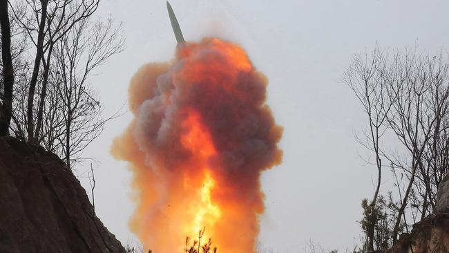 A North Korea warhead missile launch exercise simulating a tactical nuclear attack in Cholsan county, North Pyongan Province. Picture: AFP.