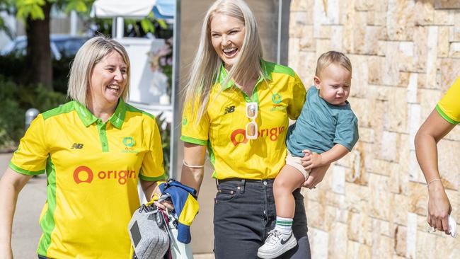Australian Diamonds netball coach Stacey Marinkovich with Firebirds player Gretel Bueta and son Bobby in Brisbane, Friday, April 22, 2022 – Picture: Richard Walker