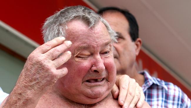 Flood victim Frank Beaumont reacts as he learns the class action has been successful after listening to a live stream of The NSW Supreme Court in Goodna, west of Brisbane, on Friday. Picture: AAP