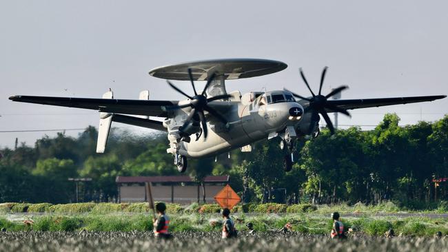 A US-made E2K Early Warning Aircraft takes off from a motorway in Pingtung, southern Taiwan, during the annual Han Kuang drill. Picture: AFP