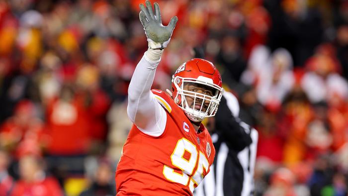 KANSAS CITY, MISSOURI - JANUARY 29: Chris Jones #95 of the Kansas City Chiefs reacts after sacking Joe Burrow #9 of the Cincinnati Bengals during the fourth quarter in the AFC Championship Game at GEHA Field at Arrowhead Stadium on January 29, 2023 in Kansas City, Missouri. (Photo by Kevin C. Cox/Getty Images)