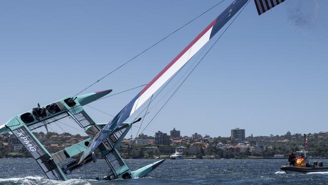 The USA SailGP F50 catamaran after its capsize pre-training. Picture: Ricardo Pinto/SailGP.