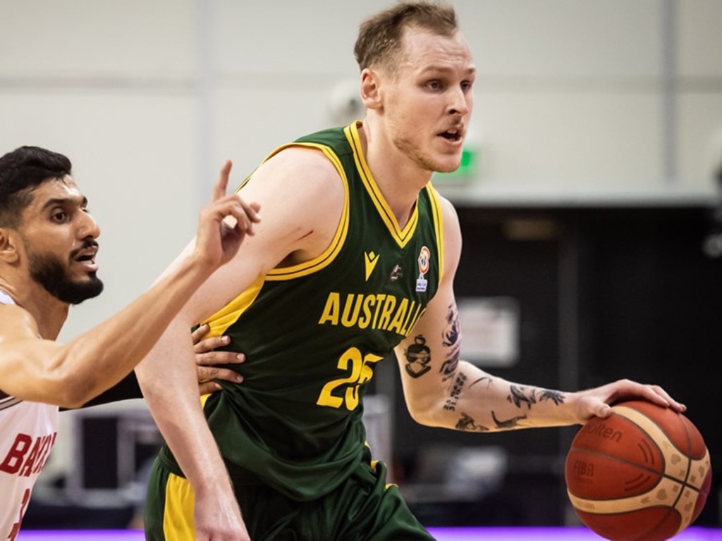 Rhys Vague in action for the Boomers against Bahrain.