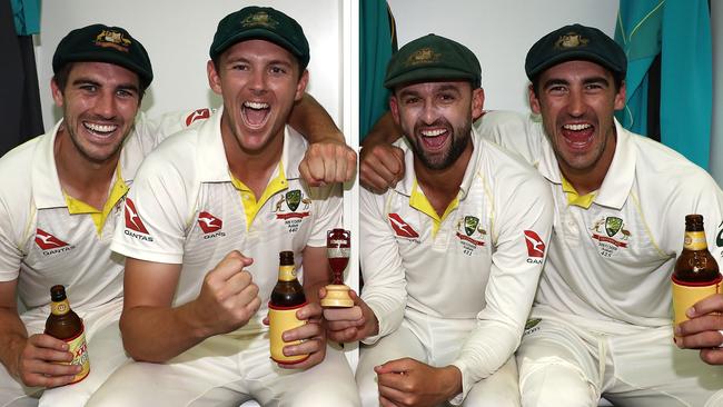 Australian bowlers (l-r) Pat Cummins, Josh Hazlewood, Nathan Lyon and Mitchell Starc celebrate securing the Ashes on Monday.