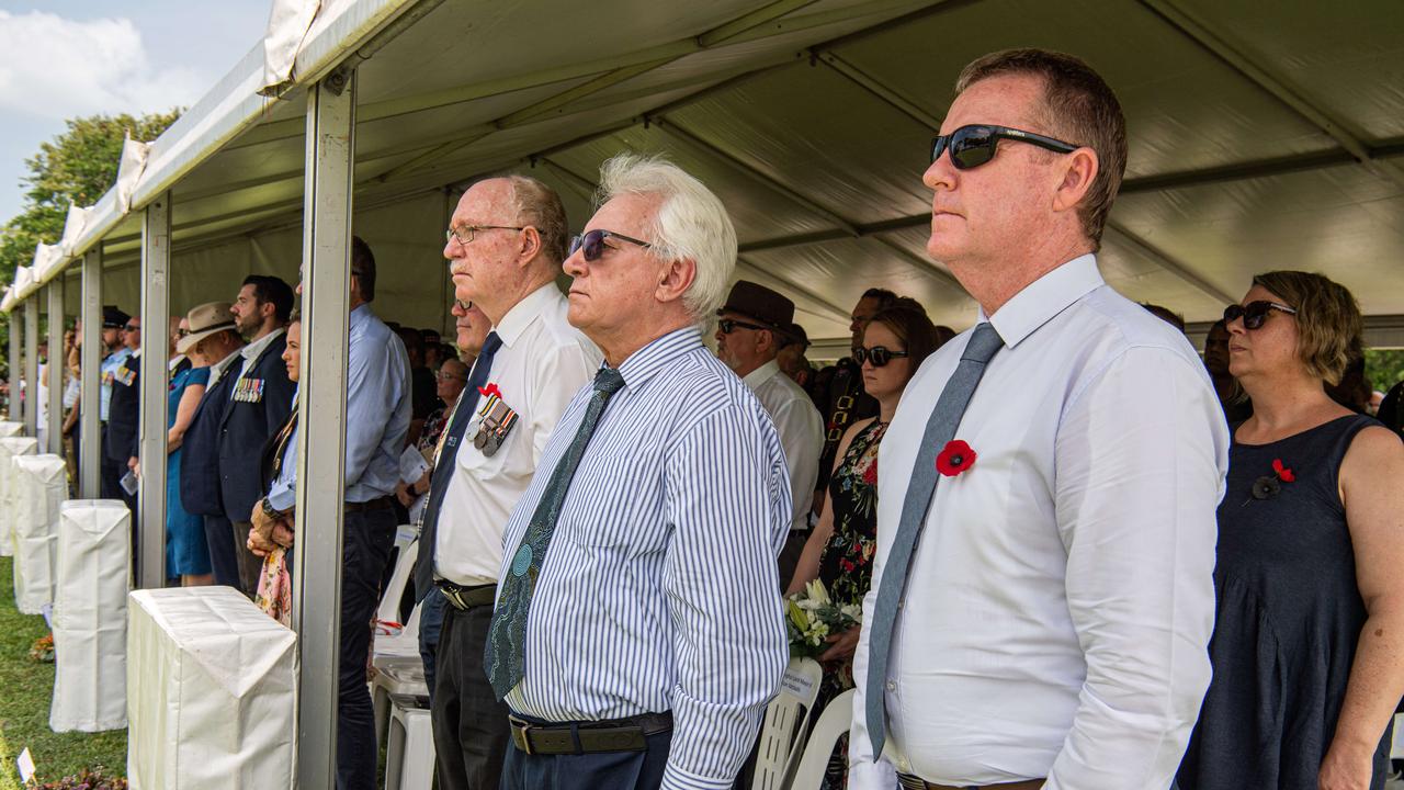 Peter Styles, Kon Vatskalis and Paul Kirby at the Darwin Cenotaph's Remembrance Day service, 2023. Picture: Pema Tamang Pakhrin