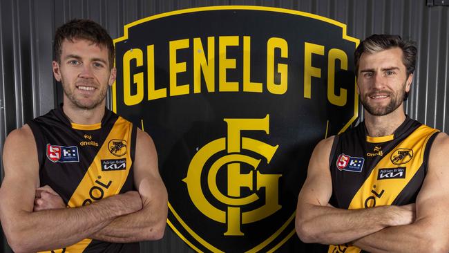 Chris Curran (left) and Max Proud (right) at Glenelg Oval. Picture: Ben Clark