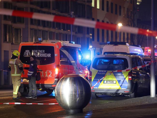 BERLIN, GERMANY - FEBRUARY 21: Police and ambulances stand at the Holocaust Memorial following a possible knife attack on February 21, 2025 in Berlin, Germany. According to initial reports one man was injured after being stabbed by an assailant who is at large.  (Photo by Sean Gallup/Getty Images)