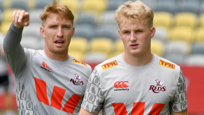 Tate McDermott and Tom Lynagh at Queensland’s captain’s run ahead of a Round One clash with the Hurricanes. Picture: Evan Morgan