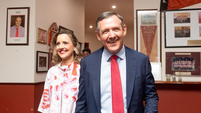 NT chief Minister Michael Gunner and wife Kristy arrive at Labor HQ after winning satruday’s election. Picture : Che Chorley