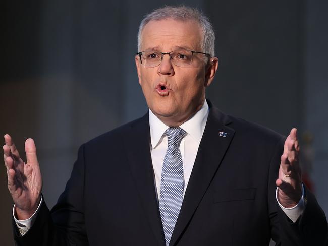 CANBERRA, AUSTRALIANewsWire Photos MARCH 30, 2022: Prime Minister Scott Morrison spoke to morning Tv shows about the 2022 Budget, in Parliament House, Canberra. Picture: NCA NewsWire / Gary Ramage